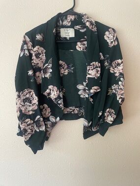 iris Black Floral Draped Open Cardigan with Blush Roses